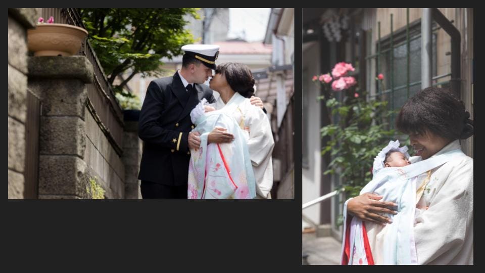 Collage of two, a woman with her new born baby, and along with her husband in a romantic pose - family photography